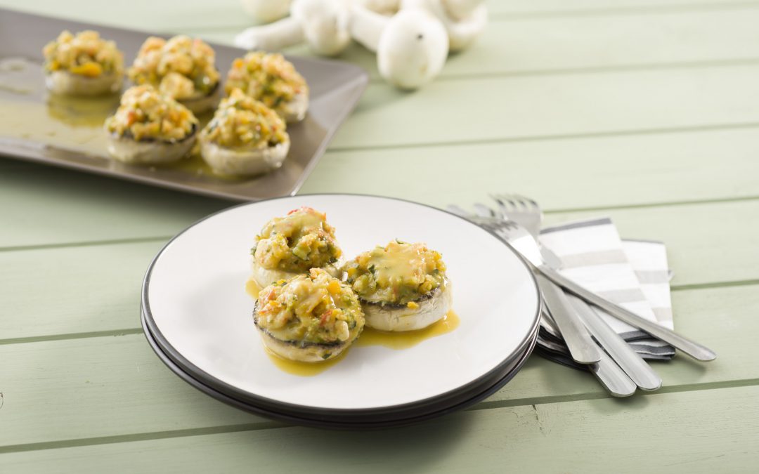 CHAMPIÑONES RELLENOS DE VERDURA Y GAMBAS