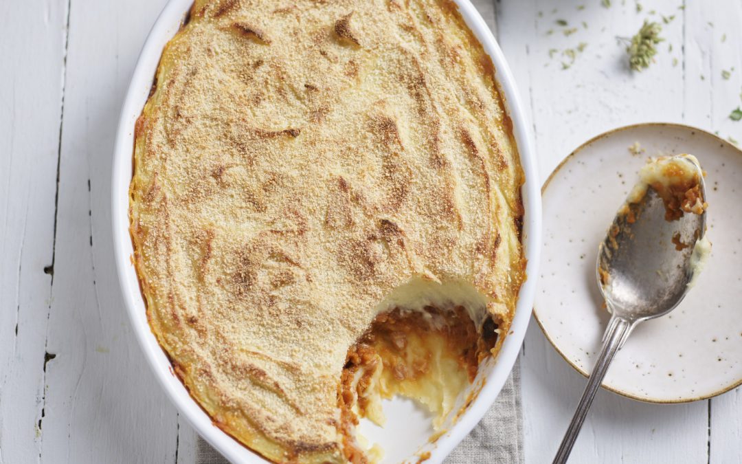 PARMENTIER VEGETARIANO CON BOLOÑESA DE LENTEJAS Y BERENJENA